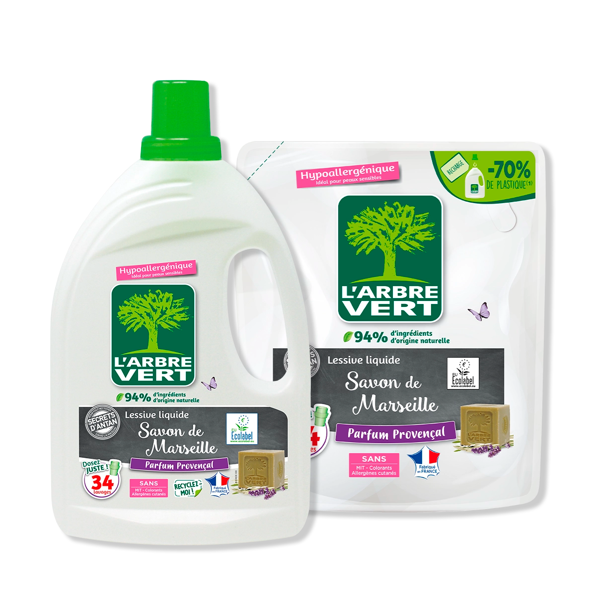Pack lessive et recharge Savon de Marseille 2 x 1,53L