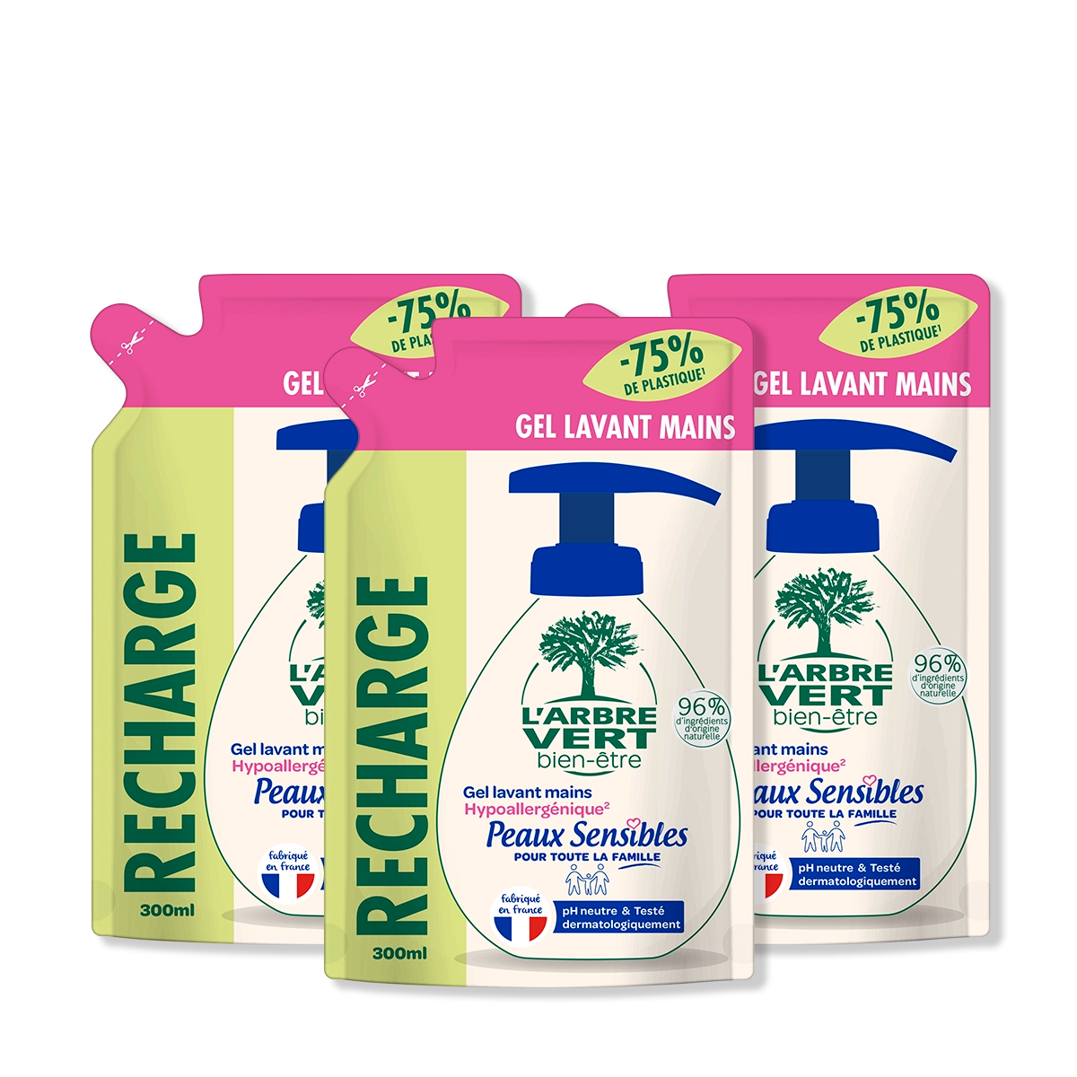 Lot de 3 recharges gel lavant mains Peaux Sensibles 3 x 300 mL