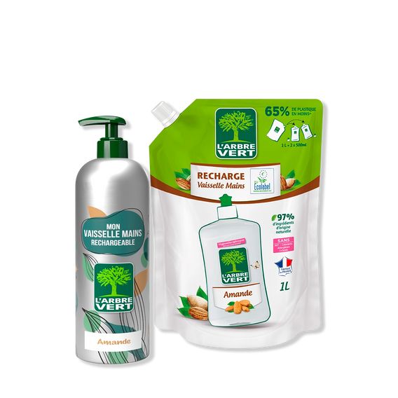 Pack vaisselle mains aluminium et recharge Amande 490 mL + 1L