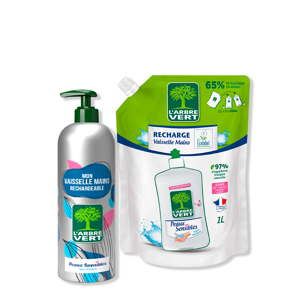 Pack Vaisselle mains aluminium et recharge Peaux sensibles 490 mL + 1L