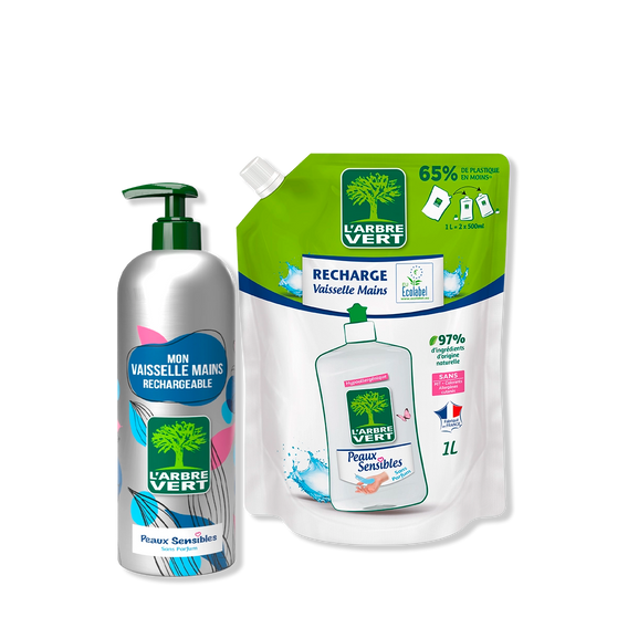 Pack Vaisselle mains aluminium et recharge Peaux sensibles 490 mL + 1L