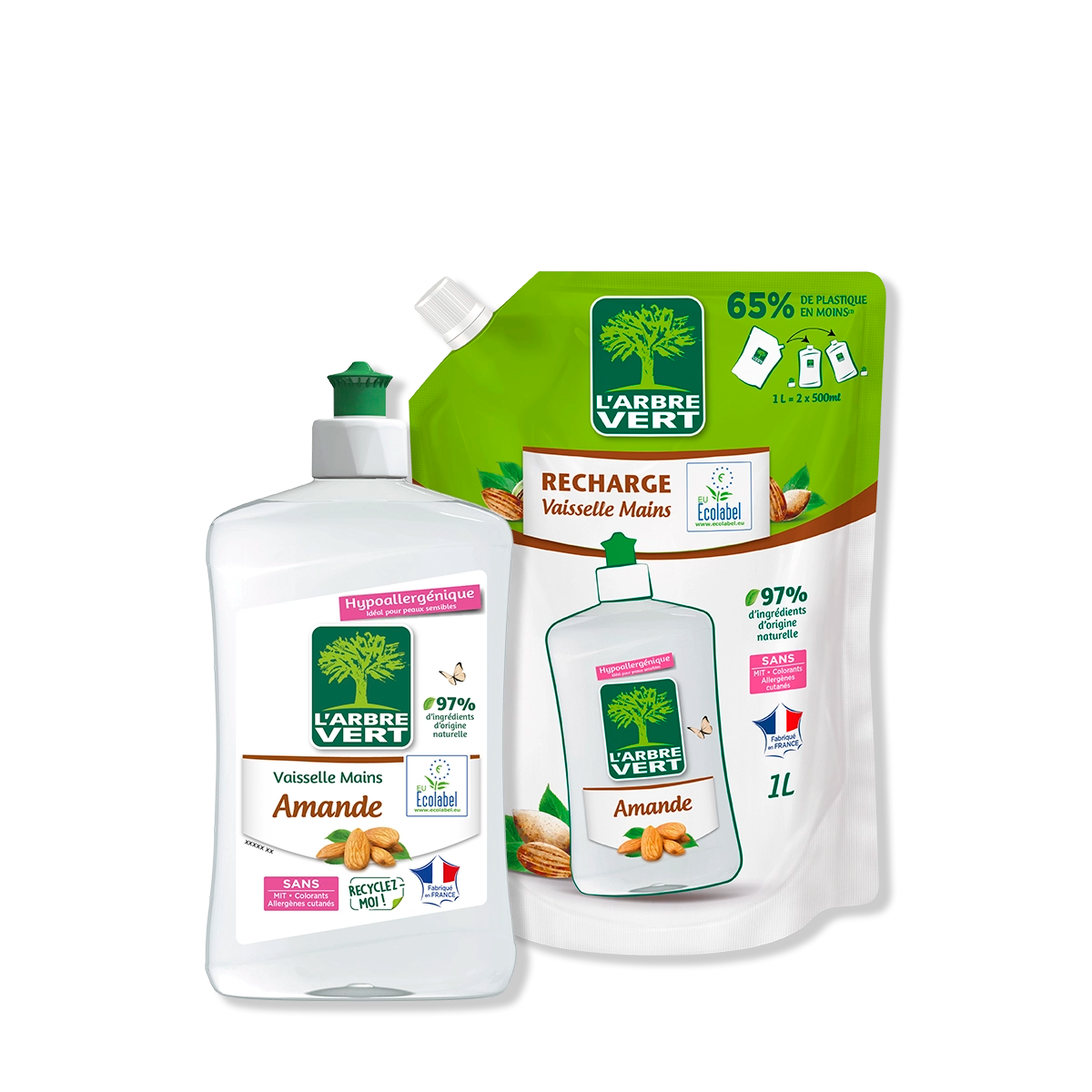 Pack liquide vaisselle et recharge Amande 500 mL + 1L  L'Arbre Vert
