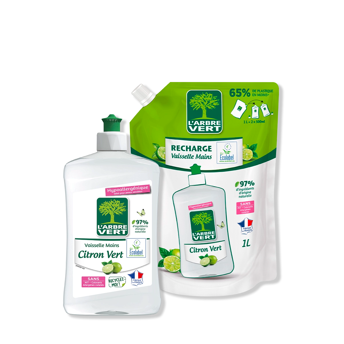 Pack liquide vaisselle et recharge Citron Vert 500 mL + 1L