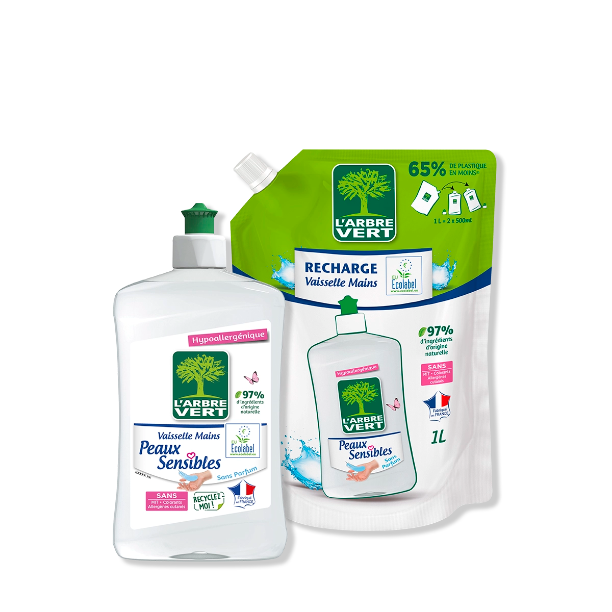 Pack liquide vaisselle et recharge Peaux sensibles 500 mL + 1L