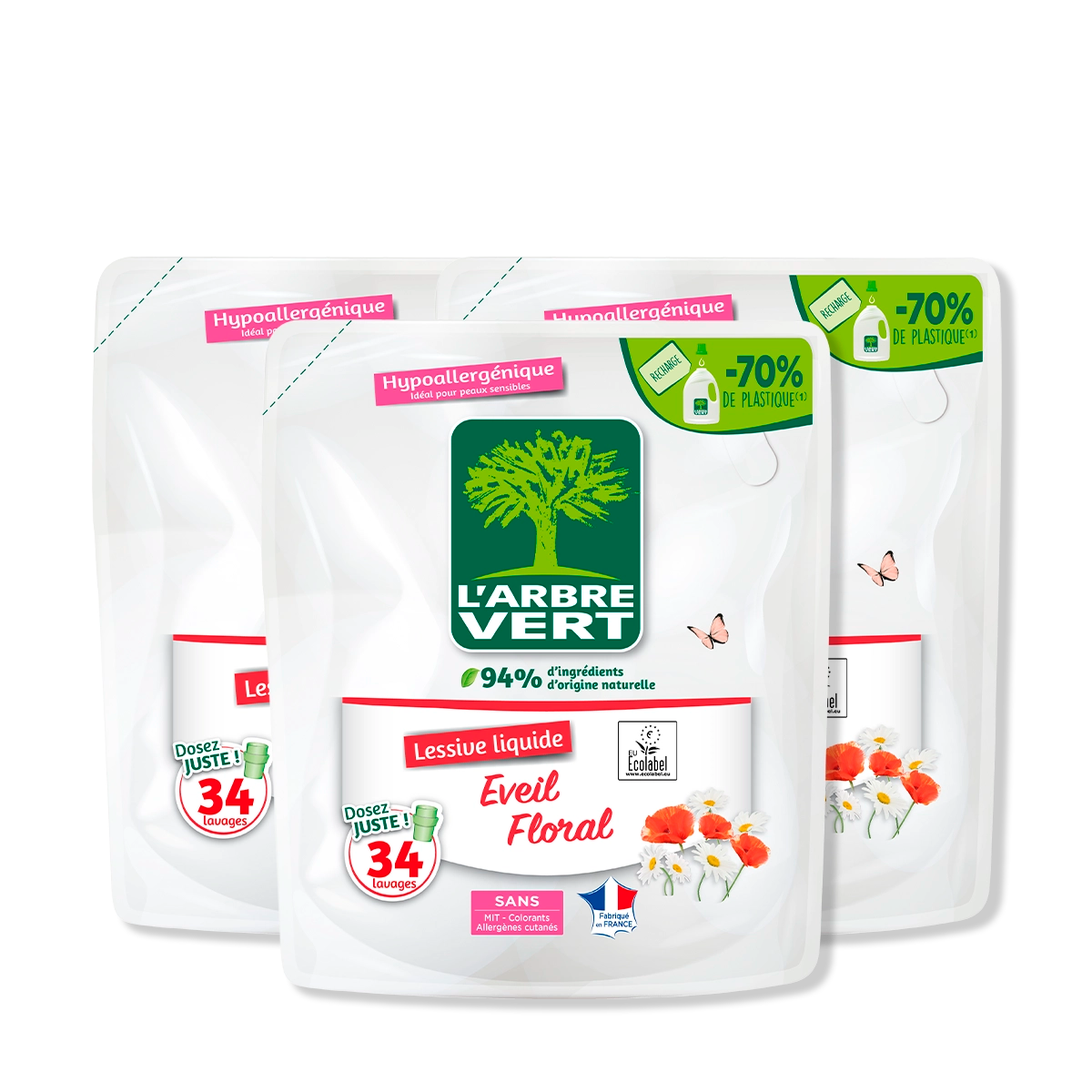 Lot de 3 recharges lessive Eveil Floral 3 x 1,53L