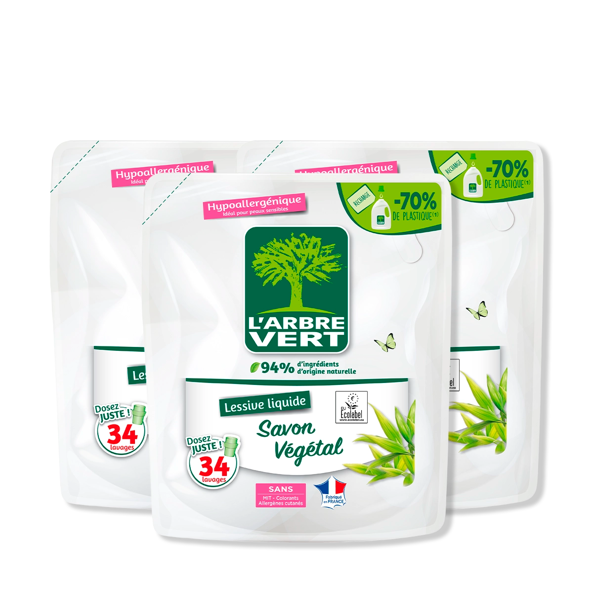 Lot de 3 recharges lessive Savon Végétal 3 x 1,53L