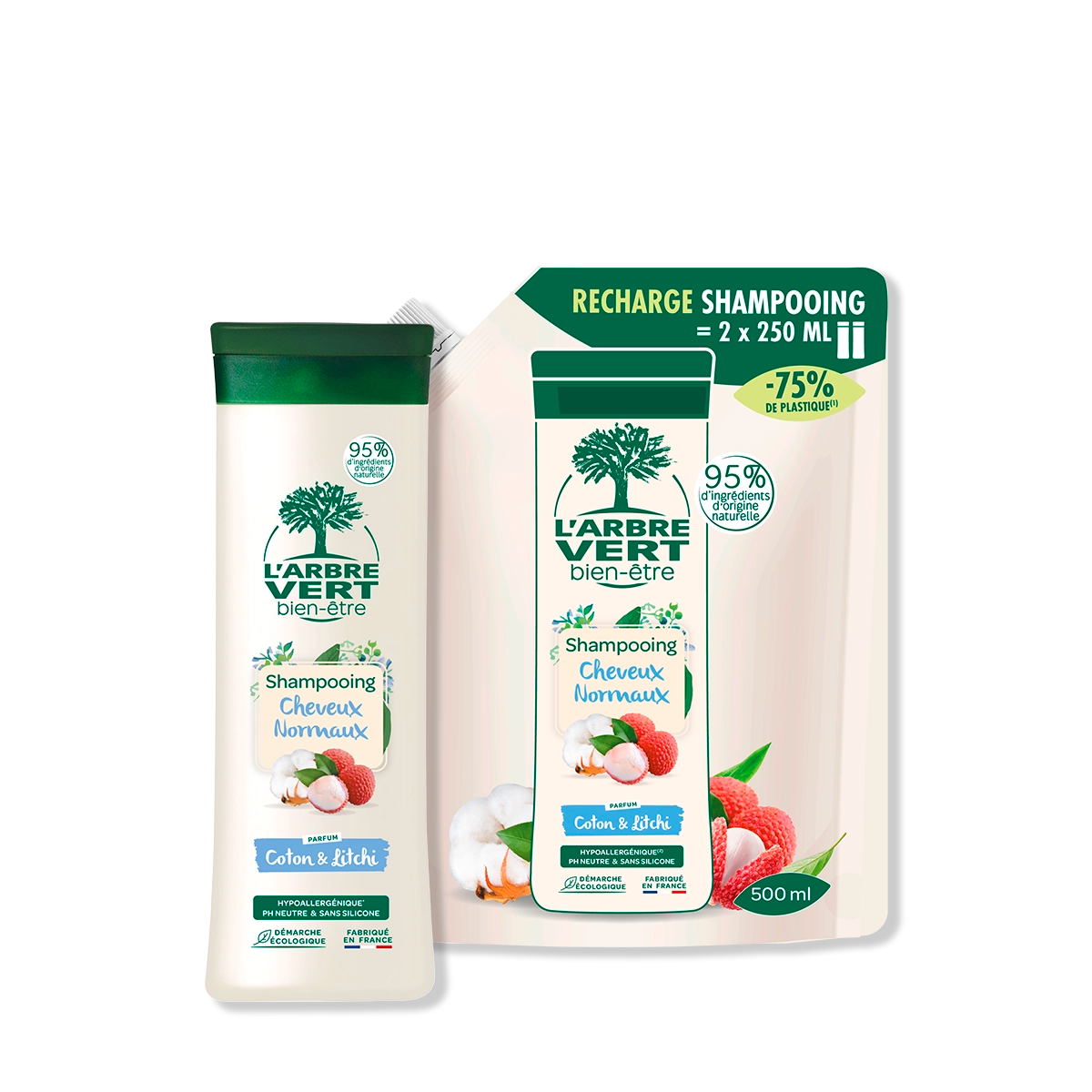 Pack Shampooing et recharge Cheveux Normaux Parfum Coton & Litchi 250 mL + 500 mL