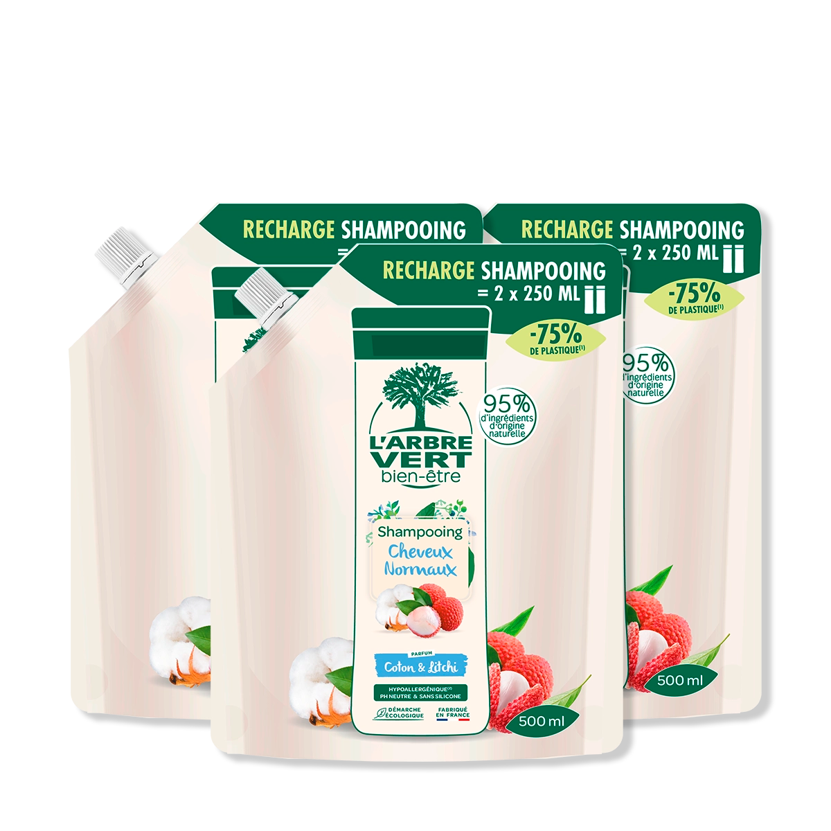 Lot de 3 recharges Shampooing Cheveux Normaux Parfum Coton & Litchi 3x500 mL