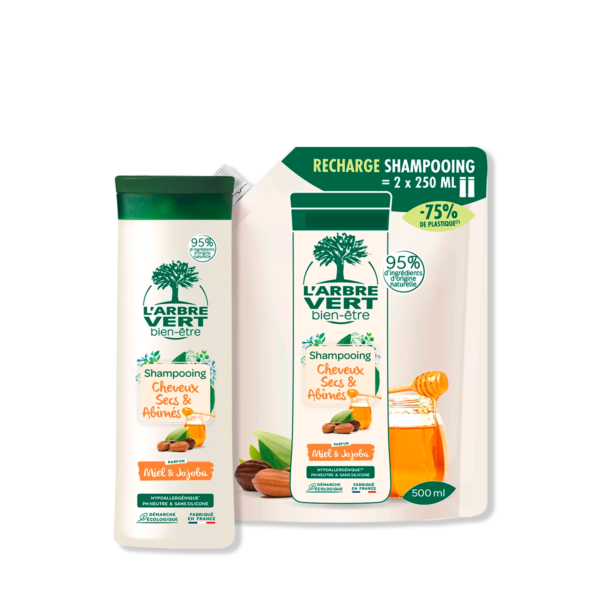 Pack Shampooing et recharge Cheveux Secs et Abîmés Parfum Miel & Jojoba