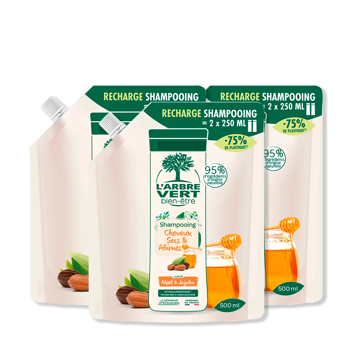 Lot de 3 recharges Cheveux Secs et Abîmés Parfum Miel & Jojoba