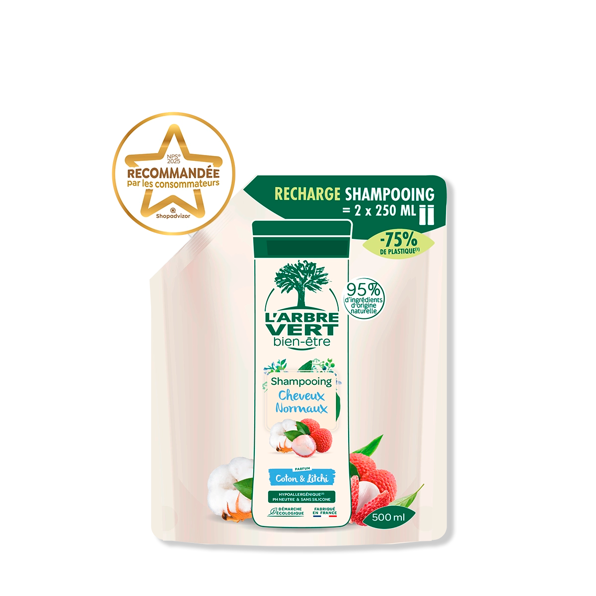 Recharge shampooing Cheveux Normaux Parfum Coton & Litchi 500 mL