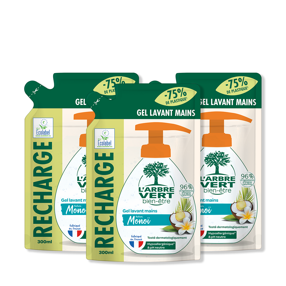 Lot de 3 recharges gel lavant mains Parfum Monoï 3 x 300 mL