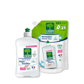 Pack liquide vaisselle et recharge Peaux sensibles 500 mL + 1L