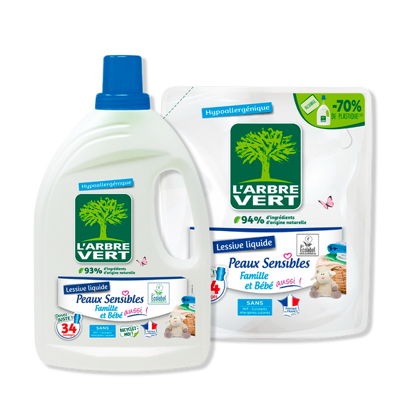 Pack lessive et recharge Peaux sensibles 2 x 1,53L