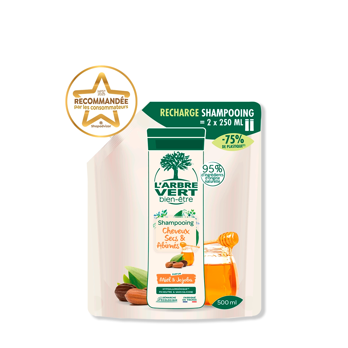 Recharge shampooing Cheveux Secs & Abimés Parfum Miel & Jojoba 500 mL