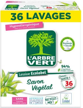 Lessive en poudre au savon végétal, certifiée selon l’ECOLABEL européen, le label écologique de l’Union européenne.